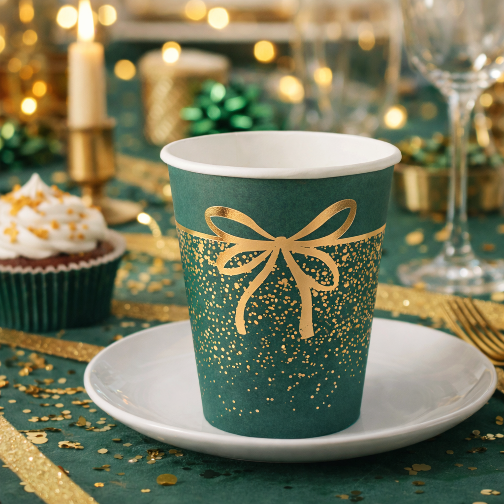 Elegant Bottle-Green Sparkling Disposable Cups - Festive Celebration Tableware, 10 Pack