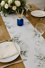 Botanical White Gold Green Foliage Fabric Table Runner 5m