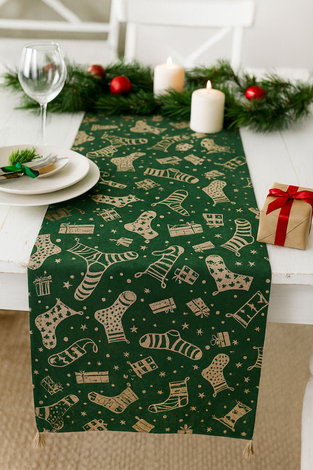 Christmas Stocking Table Runner  Green Gold Velvet Festive Decoration 3m