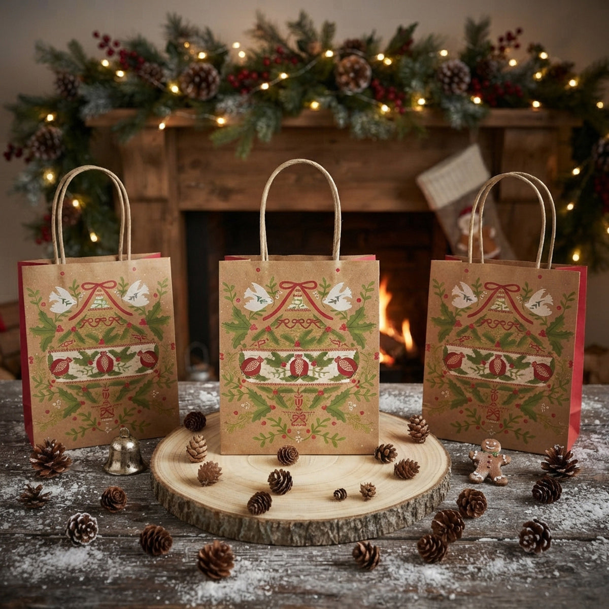Folklore Green Christmas Paper Gift Bags x 8 Festive Gift Wrapping