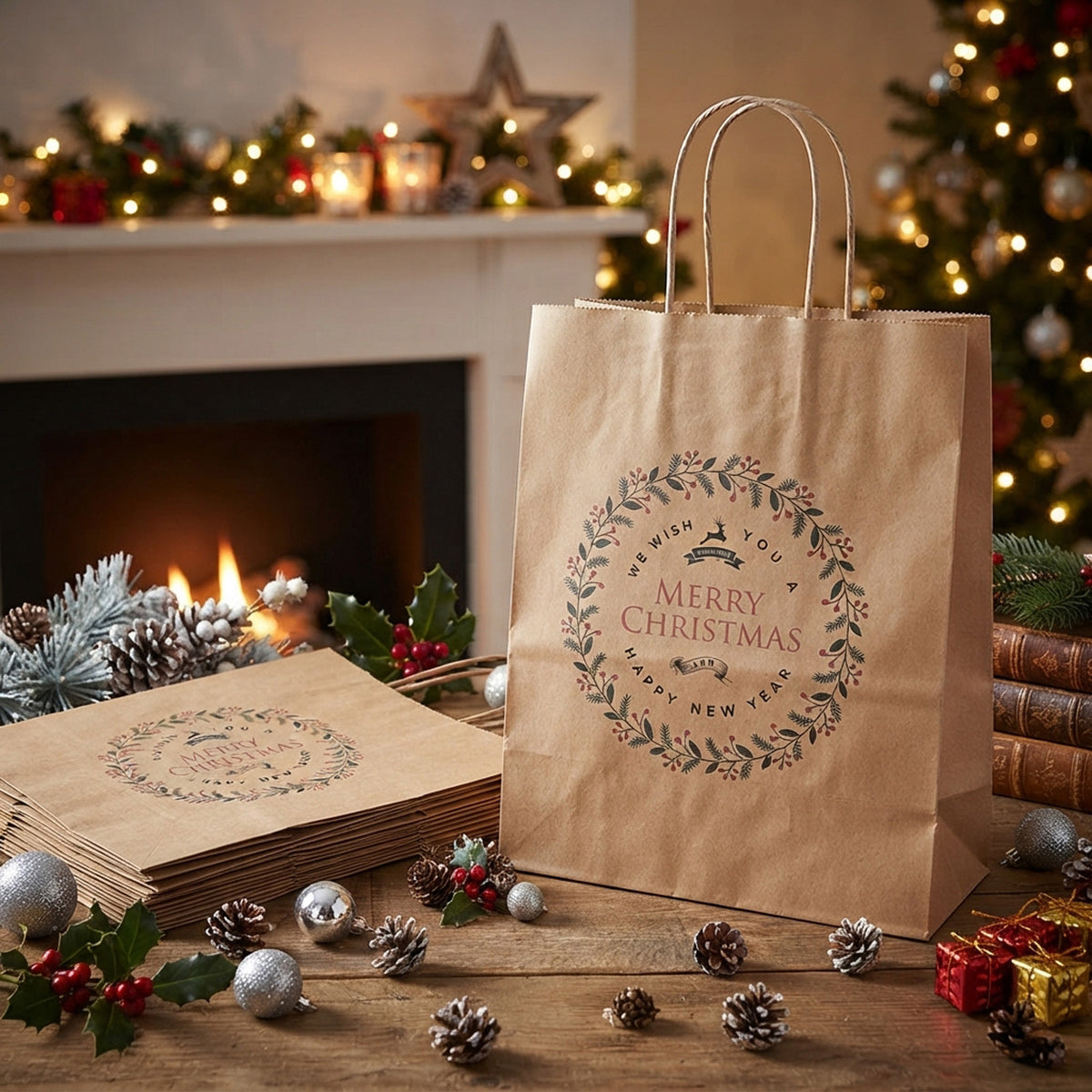 Merry Christmas Tree Kraft Brown Paper Gift Bags x 6