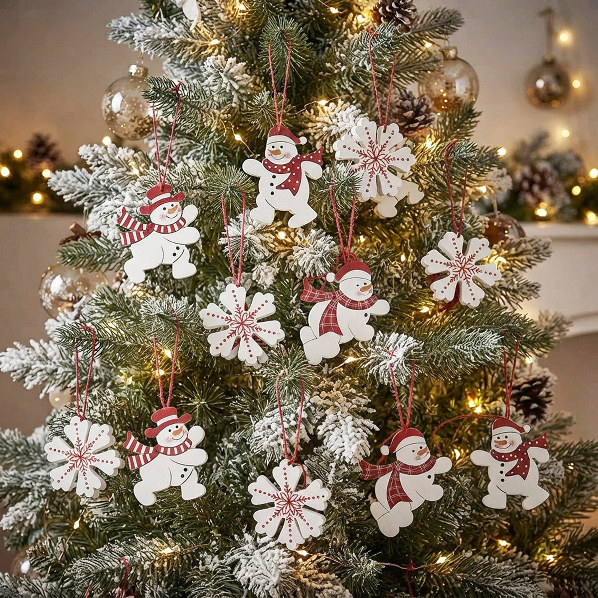 Set of hanging snowflake/snowman white/red