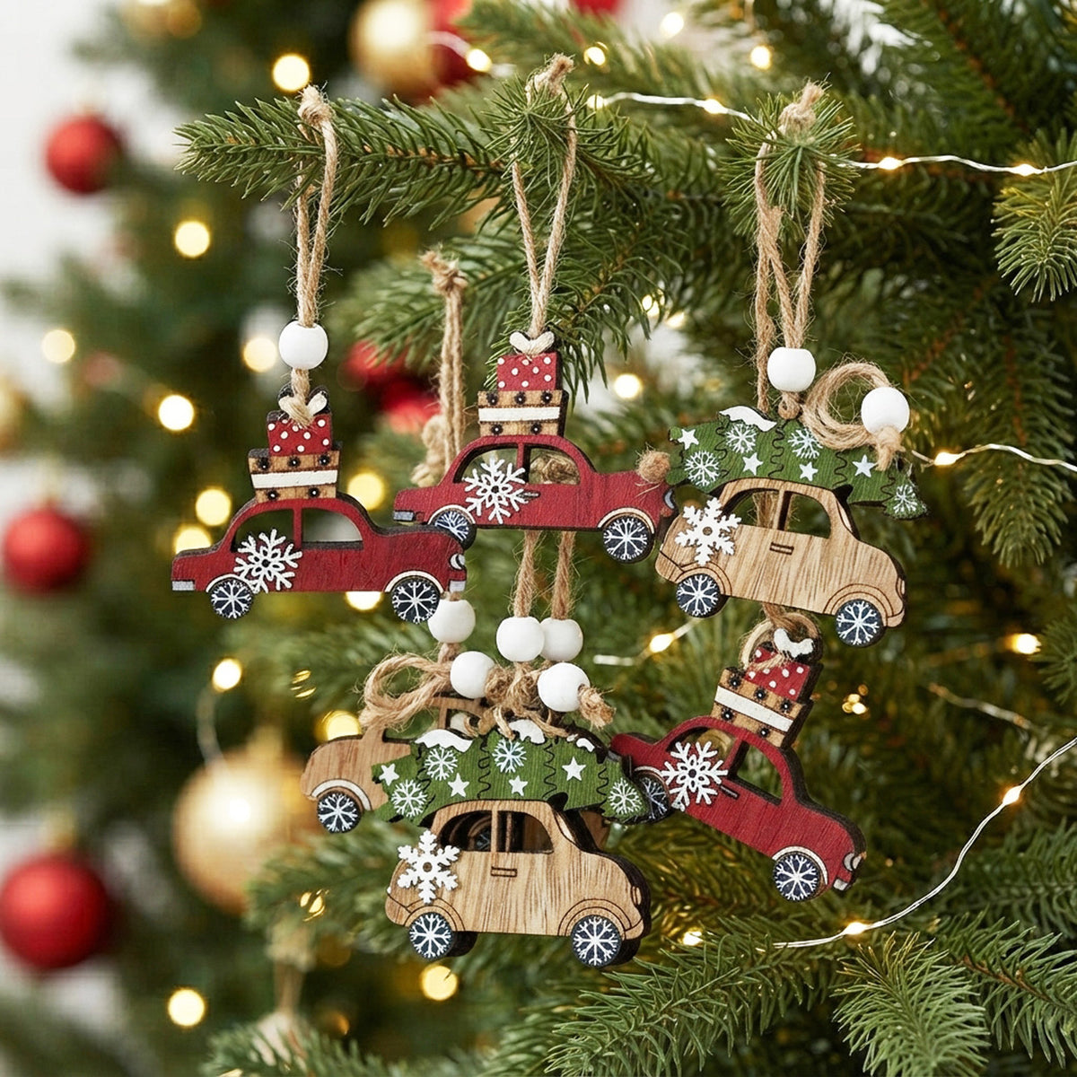 Wooden Hanging Christmas Car Tree Decorations Set of 8