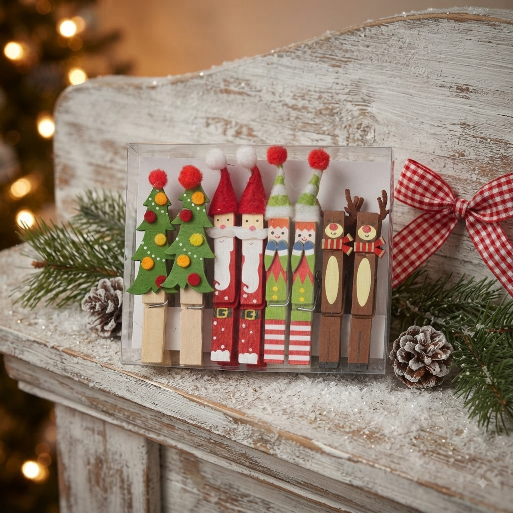 Festive Wooden Christmas Peg Set in Red and Green - Ideal Holiday Décor