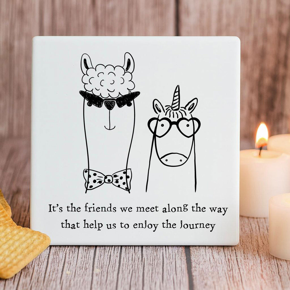 Square White Porcelain Coaster - The Friends We Meet  - Llama