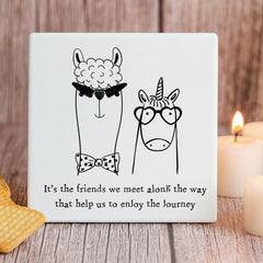 Square White Porcelain Coaster - The Friends We Meet  - Llama