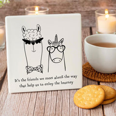 Square White Porcelain Coaster - The Friends We Meet  - Llama