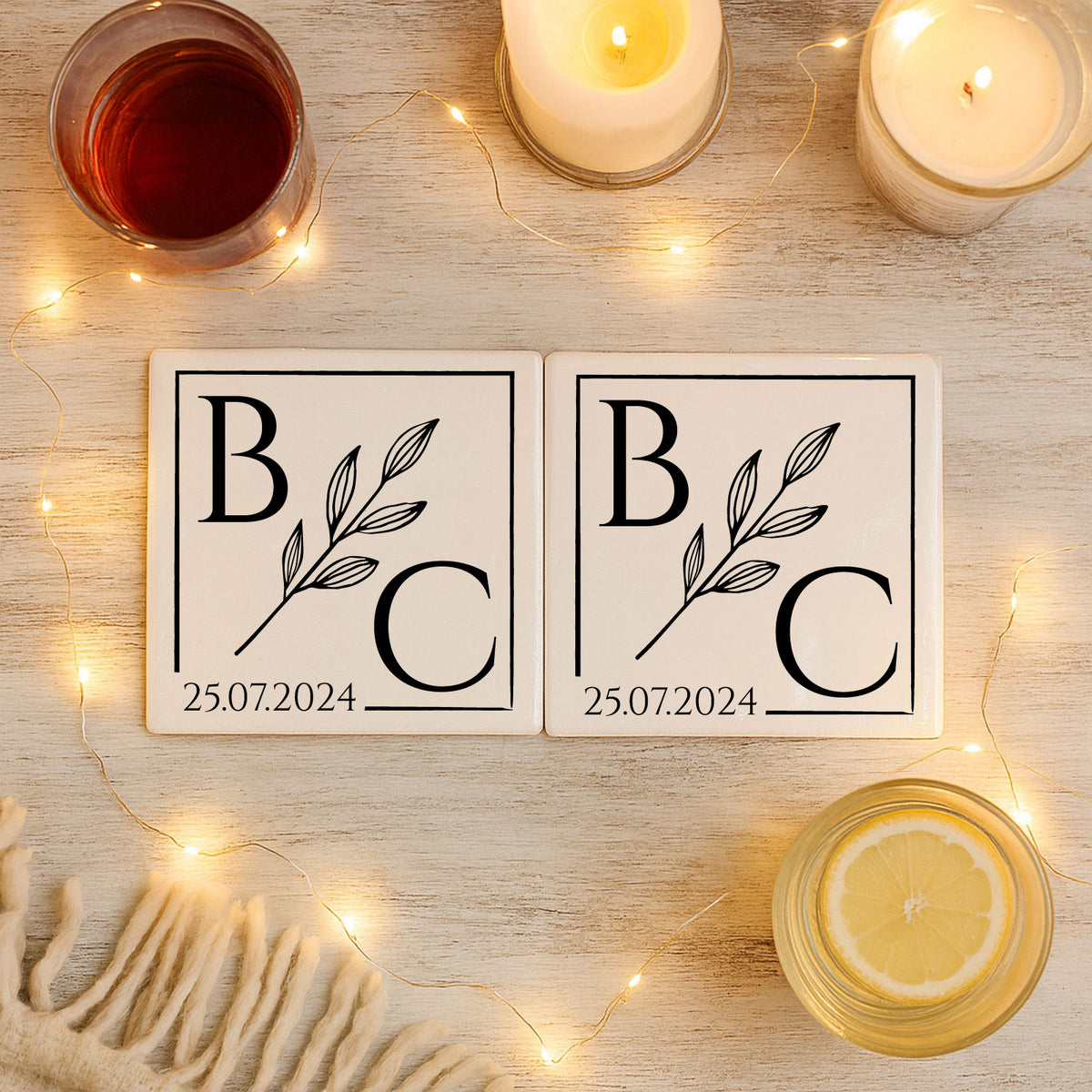 Personalised Porcelain Couple Coasters with Date - Gift Set of 2