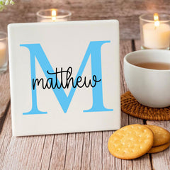 Personalised Blue Porcelain Square Coaster with Initial and Name