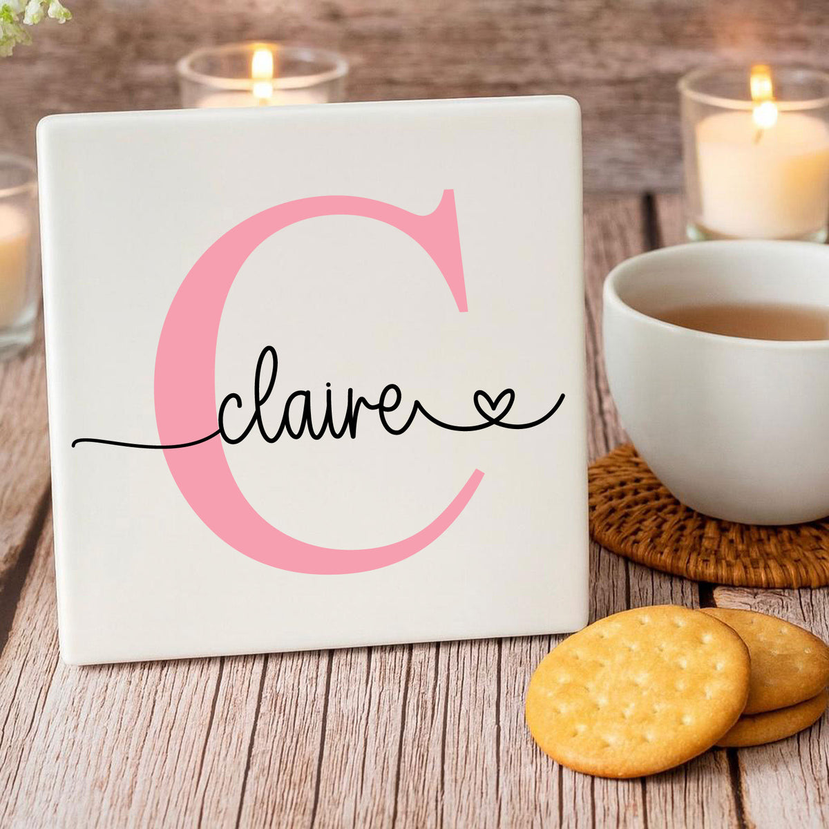 Personalised Elegant Pink Porcelain Square Coaster with Custom Initials and Name - Perfect Unique Gift for Home Decor and Events