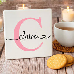 Personalised Elegant Pink Porcelain Square Coaster with Custom Initials and Name - Perfect Unique Gift for Home Decor and Events