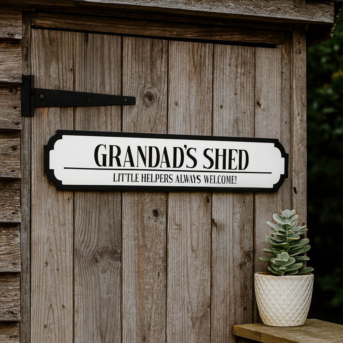 Personalised Shed Road Sign Grandad's Shed, Little Helpers Welcome!