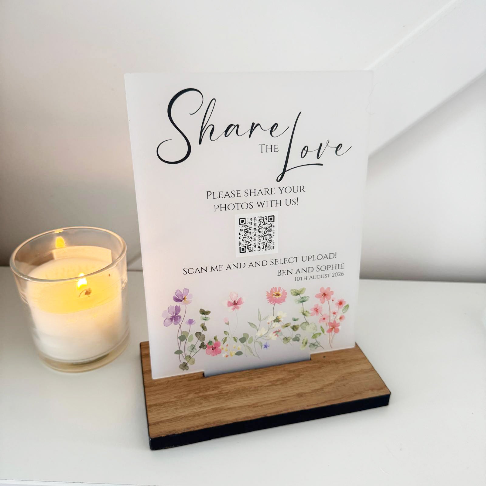 Floral Personalised Share the Love Photo Party Wedding Sign - Opaque Acrylic