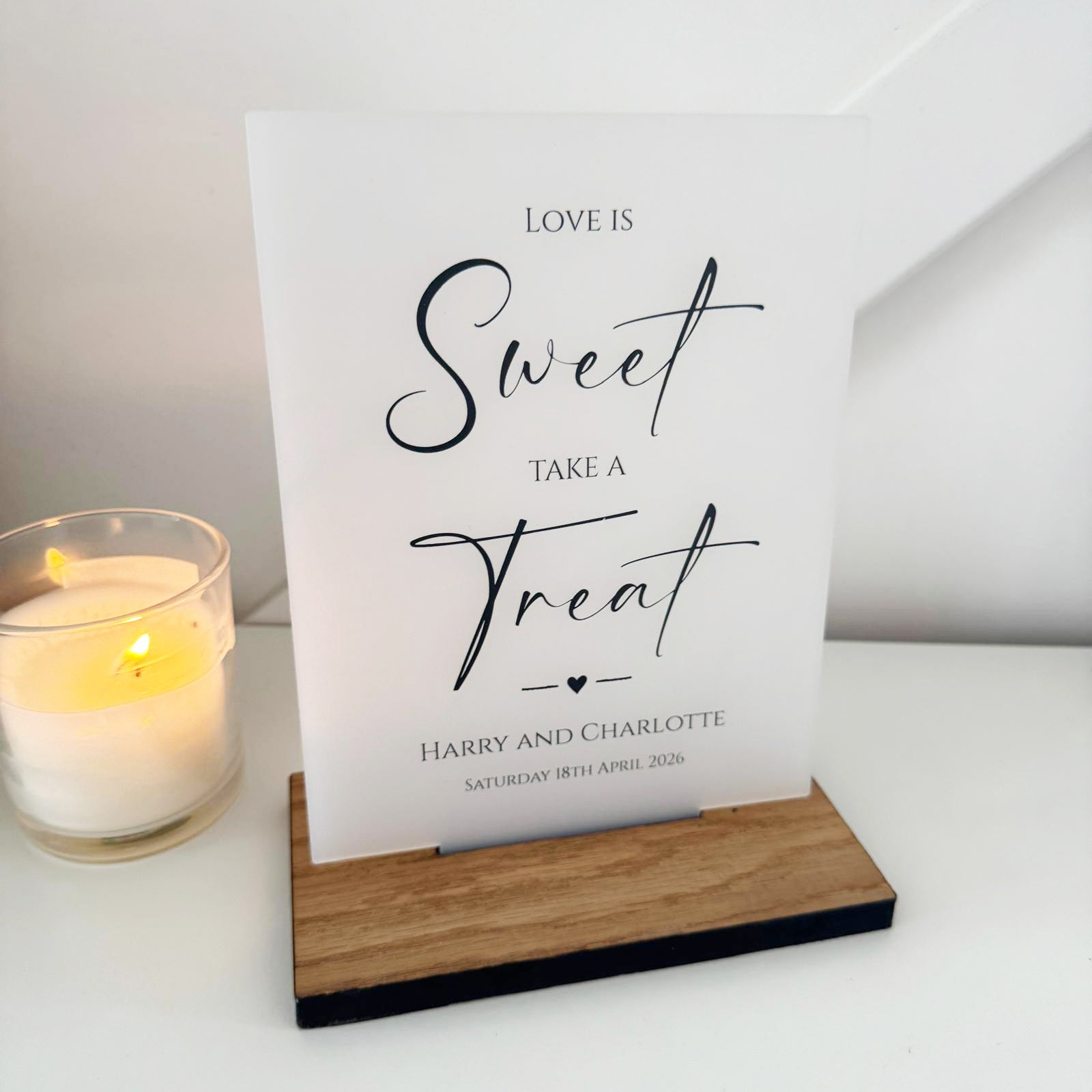 Contemporary Personalised Love is Sweet Wedding Sign - Opaque Acrylic A5