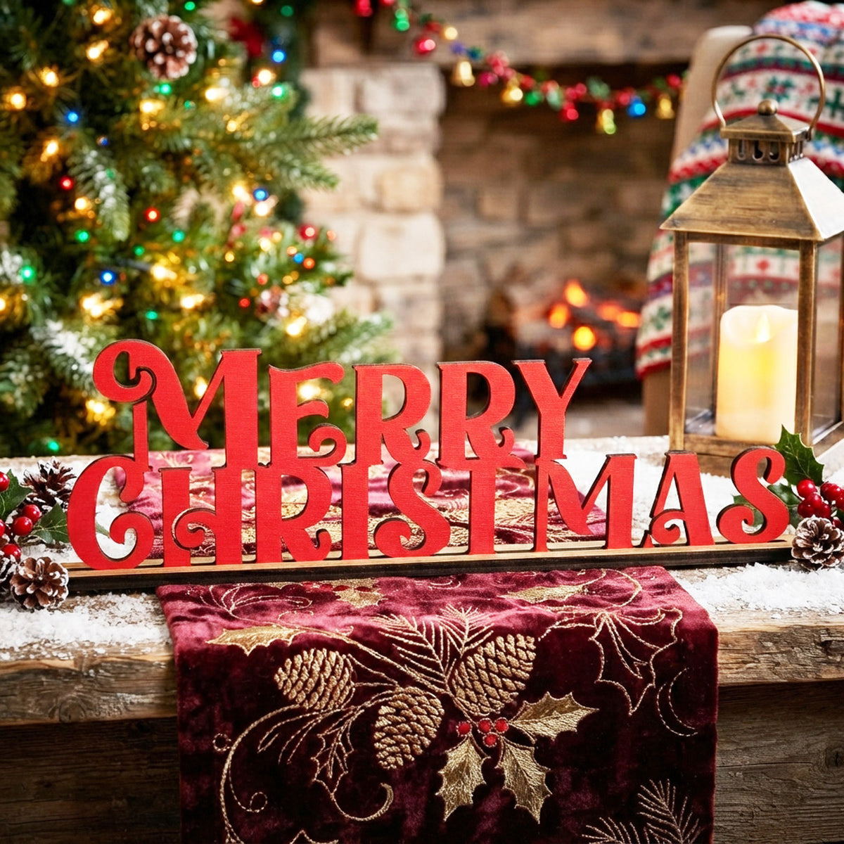 Merry Christmas Standing Table Sign w/ Base Xmas Mantel piece Decor