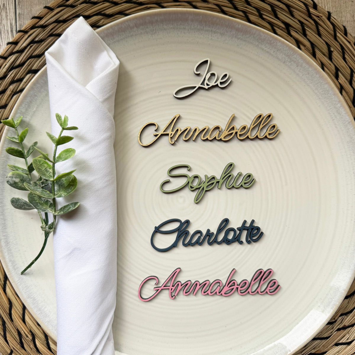 Personalised Wooden Name Place Name Cards, Wedding Favours, Small Children's Wood Name Tags, Wooden Names, Laser Cut Wooden Place Names, Font 4