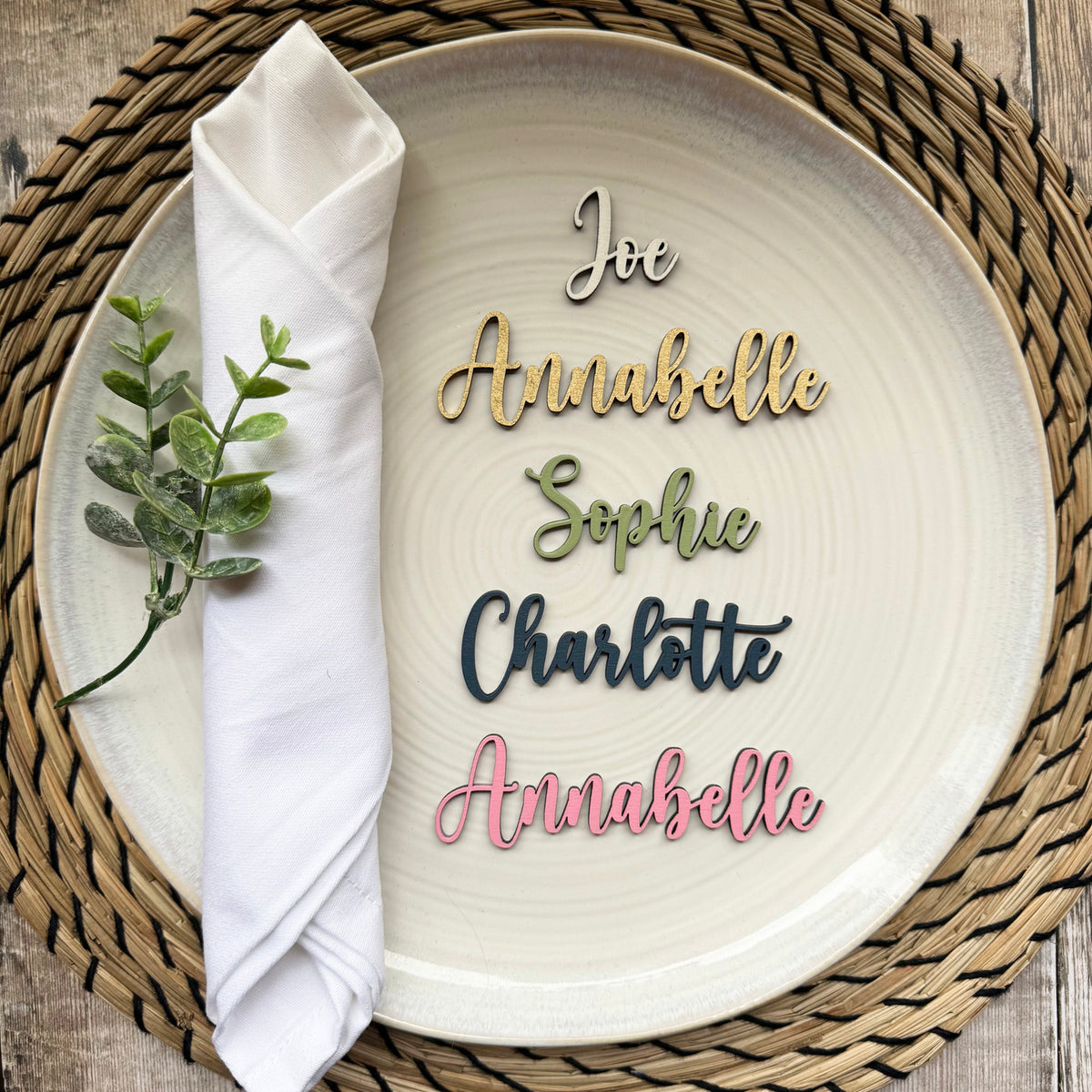 Personalised Wooden Wedding Place Names, Customisable Colour Wedding Favours, Small Childrens Wood Name Tags, Wooden Names, Laser Cut, Font 8