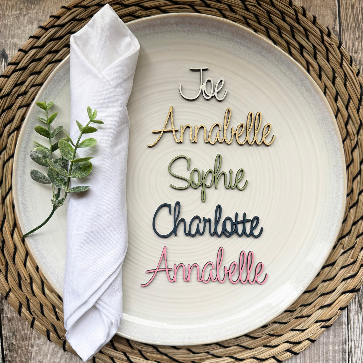 Personalised Wooden Wedding Place Names, Customisable Colour Wedding Favours, Small Childrens Wood Name Tags, Wooden Names, Laser Cut, Font 12