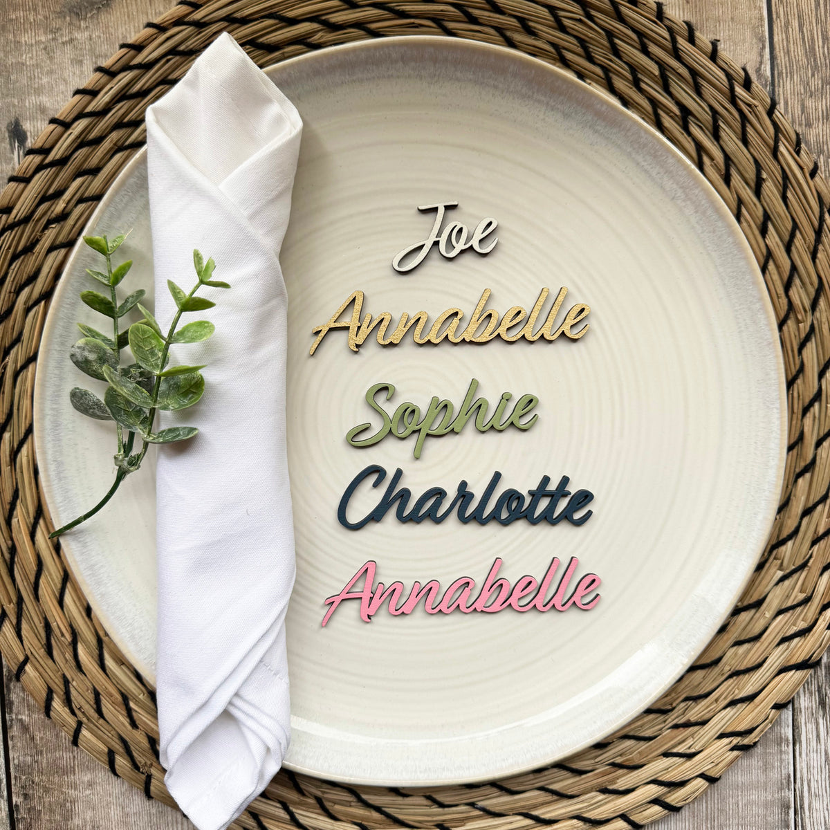 Personalised Wooden Wedding Place Names, Customisable Colour Wedding Favours, Small Childrens Wood Name Tags, Wooden Names, Laser Cut, Font 7