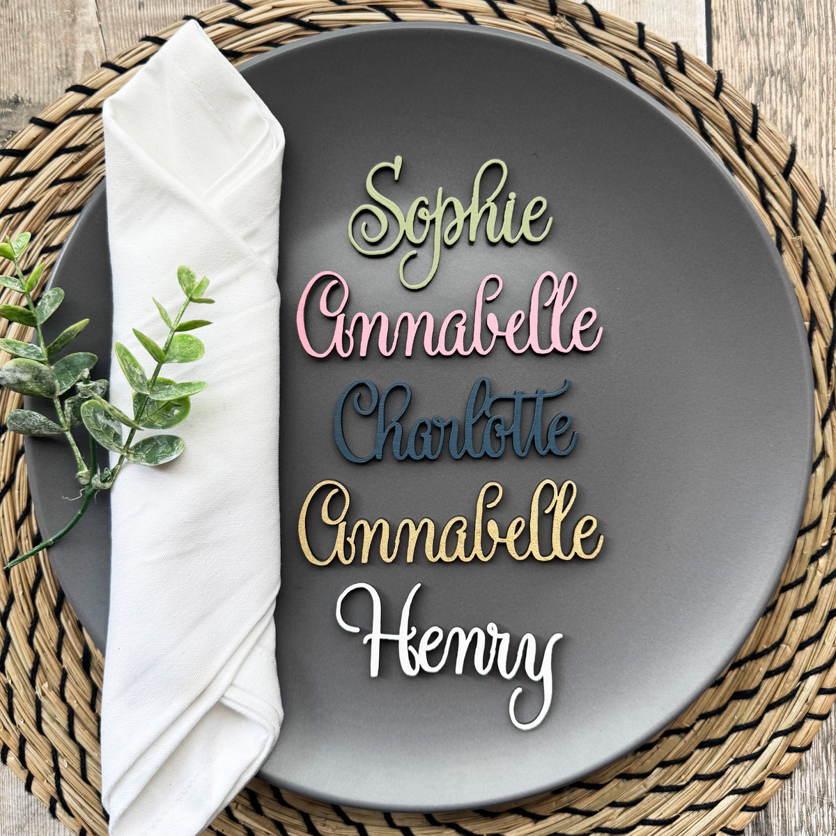 Personalised Wooden Name Place Name Cards, Wedding Favours, Small Children's Wood Name Tags, Wooden Names, Laser Cut Wooden Place Names, Font 18