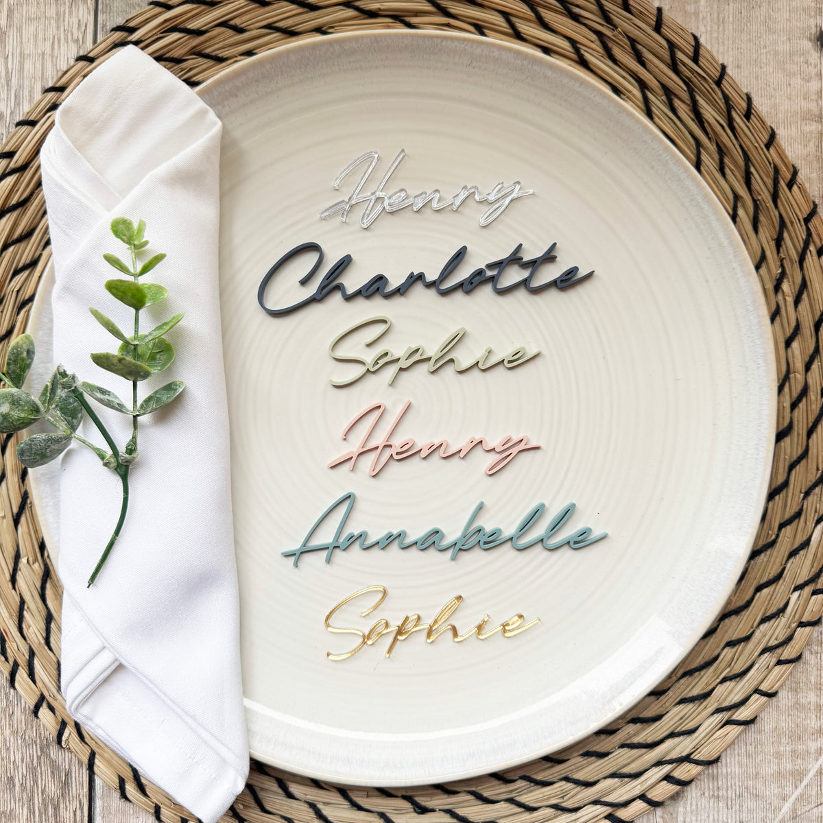 Acrylic Wedding Place Names, Personalised Coloured Napkin Favours, Acrylic Place Setting Name Tags, Modern Name Cards, Laser Cut Names, Font 20