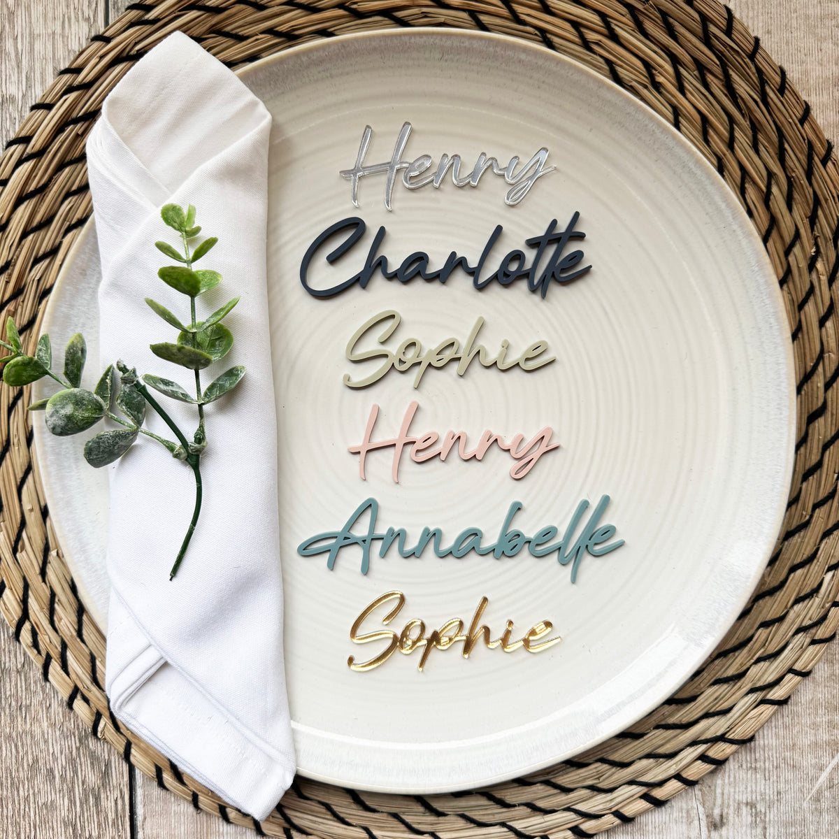 Acrylic Wedding Place Names, Personalised Coloured Napkin Favours, Acrylic Place Setting Name Tags, Modern Name Cards, Laser Cut Names, Font 23