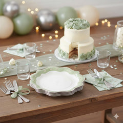 White Green Paper Party Plates with Gold Heart– Set of 8 Romantic Birthday Tableware