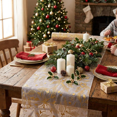 Gold Holly Berries Christmas Organza Table Runner Festive Holiday Dining Table Decor 3m