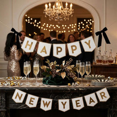 Gold Black Happy New Year Flag Banner with Velvet Bows for Festive Party Decor 2m
