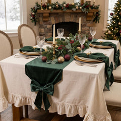 Green Velvet Christmas Table Runner with Knotted Bow Ends for Festive Dining, 240 cm