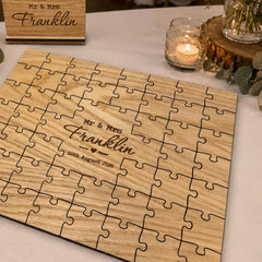 Personalised Rustic Oak Wedding Jigsaw Guest Book Wooden 48 Piece Puzzle