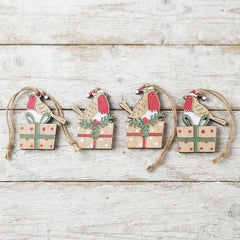 Wooden Birds on Presents Christmas Hanging Decorations for Rustic Festive Homes, Pack of 8