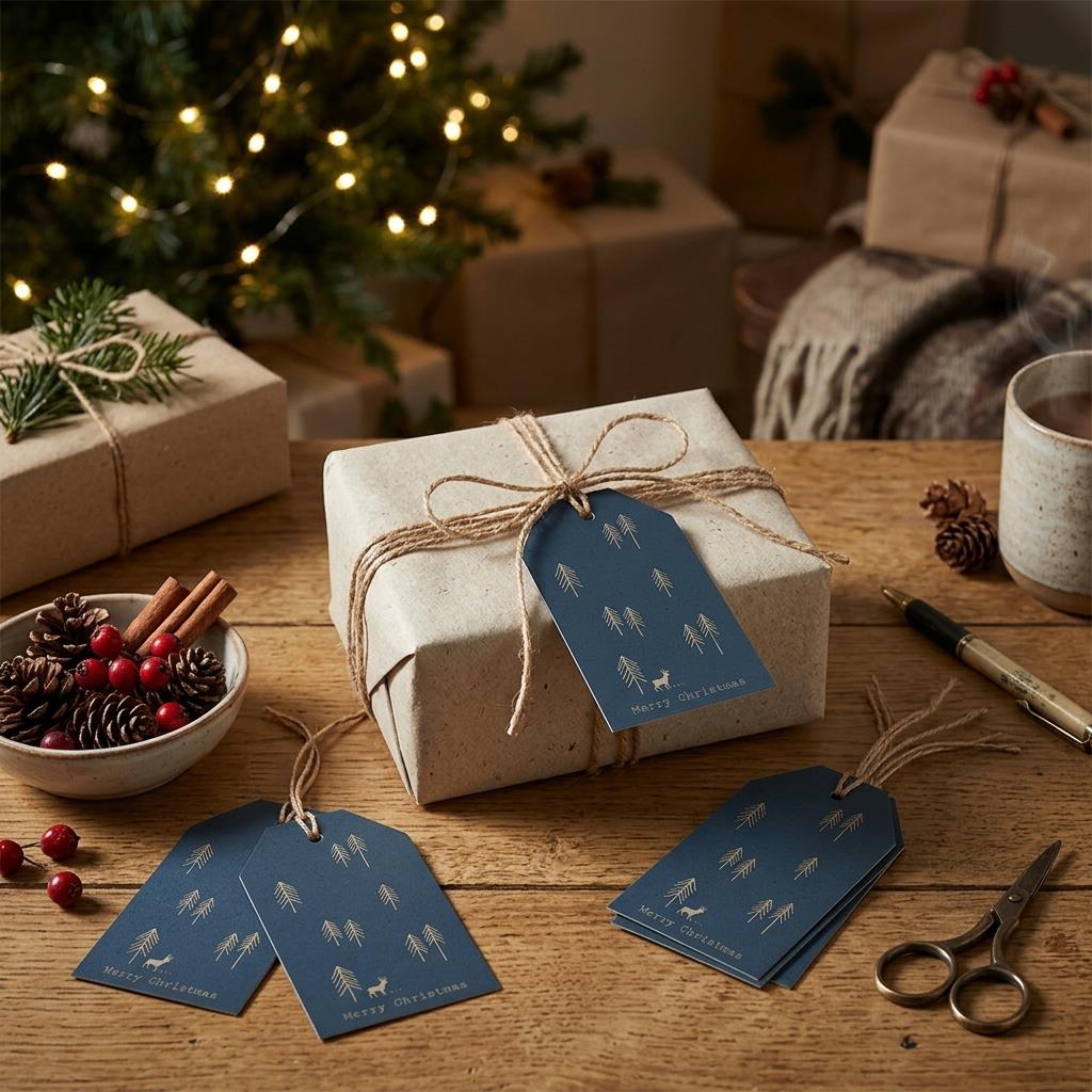 East of India NAVY woodland Christmas tags set of 6