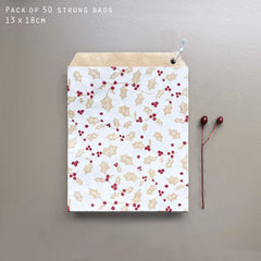 Elegant Holly Paper Gift Bags - Brown and Red for Christmas Gifting 50pk