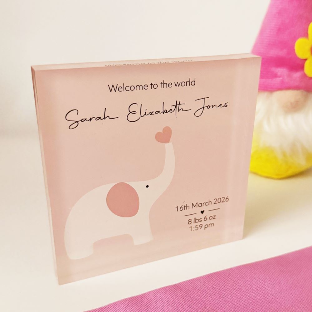 personalised-new-baby-acrylic-block-pink-elephant-nursery-gift|LLUVABBABYD3|Luck and Luck| 1