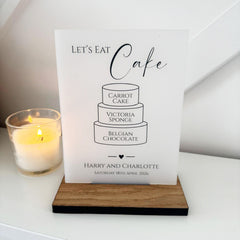 Elegant Black Personalised Wedding Cake Sign - Opaque Acrylic with Rustic Wooden Base for Customising Your Special Day