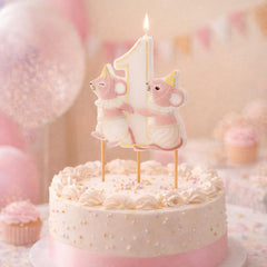 PartyDeco 1st Birthday Cake Candle Pink Mice Number 1, White