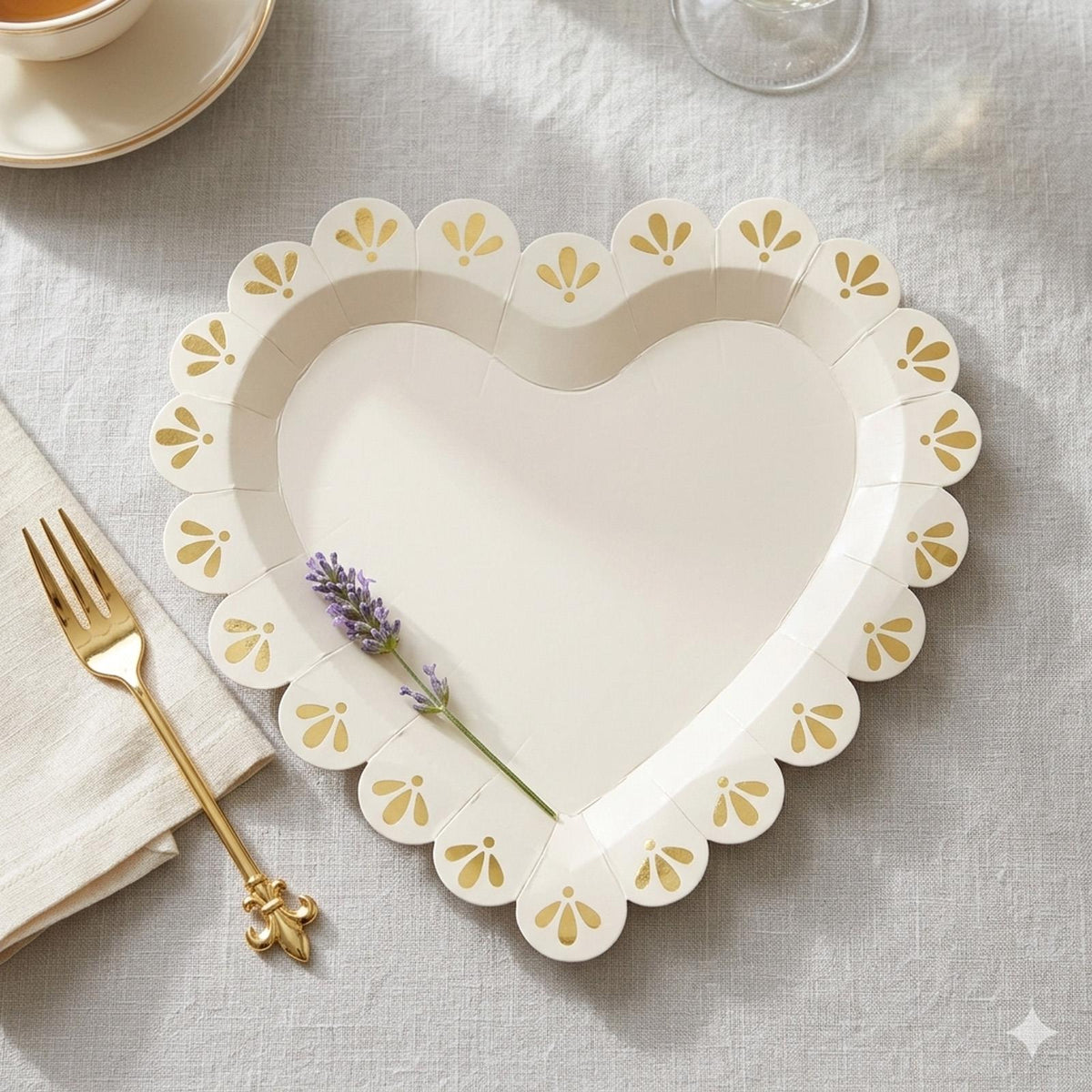Cream Ivory Gold Heart Paper Plates Wedding Tableware (Pack of 6, 26 cm)