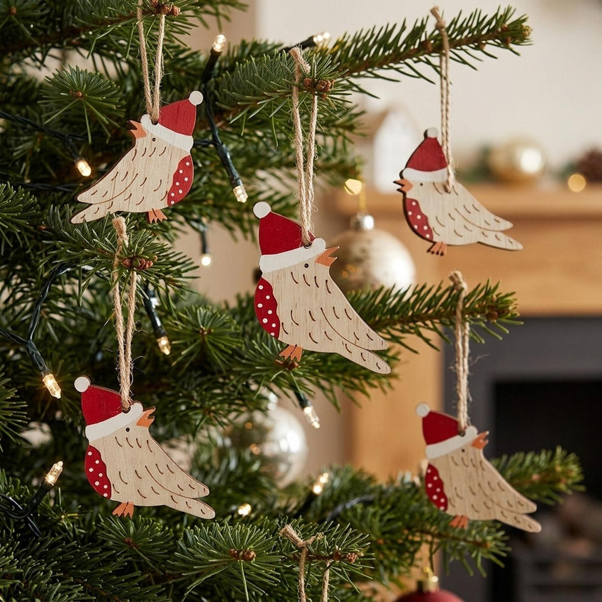 Wooden Christmas Hanging Bird Decorations x 8
