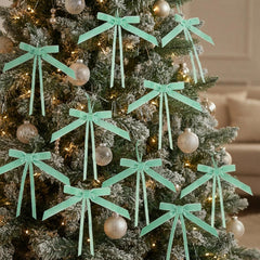 Green Velvet Christmas Bows Festive Present Home Tree Decorations Styling Set of 8