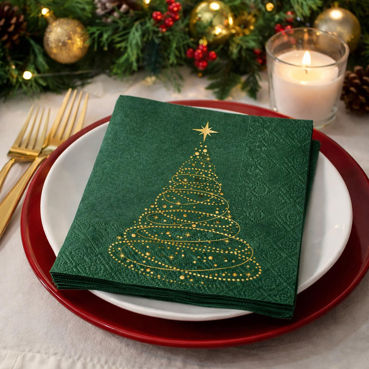 Santex Green Sparkling Christmas Paper Napkins for Festive Tables (Pack of 20, 25 cm)