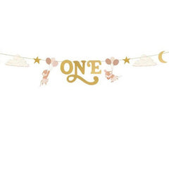 PartyDeco 1st Birthday Banner Mice Design Gold Pink 3m, Brown