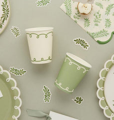 Botanical Paper Cups Green White Party Tableware (Pack of 8, 7.5cm)