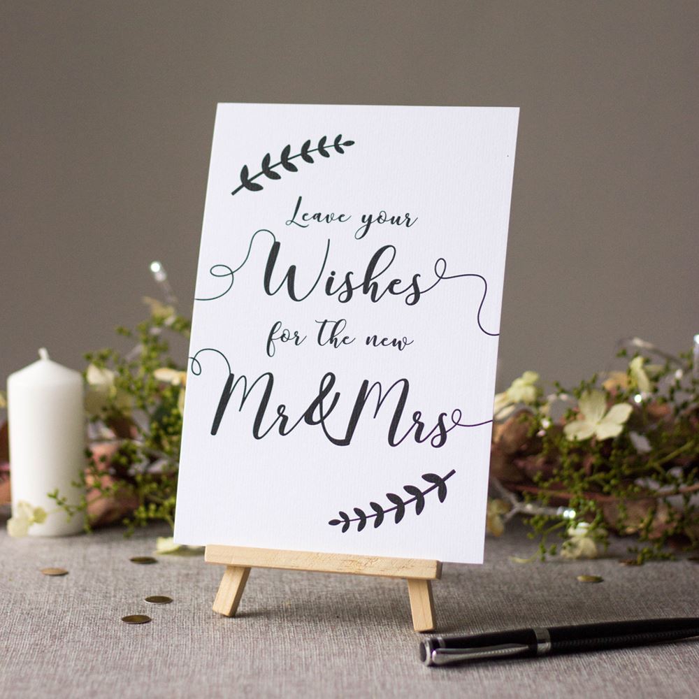 wedding-sign-leave-your-wishes-sign-mr-and-mrs-leaf-wreath-card-and-easel|LLSTWLEAFLYW|Luck and Luck| 1