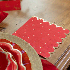 Red Gold Star Christmas Paper Napkins Scalloped 3-Ply Festive Tableware Set of 16