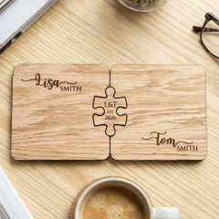 Personalised Couples Wooden Coaster and Jigsaw Token with Name and Date Gift