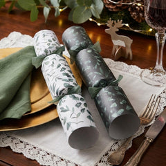 Fresh Eucalyptus Recyclable Christmas Crackers Green White Festive Tableware Set of 12