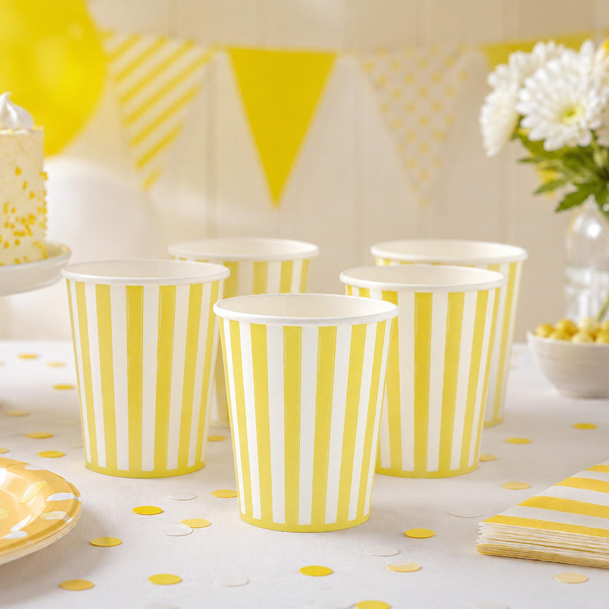 Yellow & White Paper Cups for Birthday Parties, Celebrations & Party Tables (Pack of 6, 255 ml)