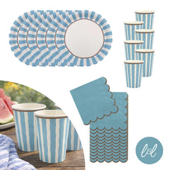 Blue Striped Paper Plates, Cups and Napkins Tableware Set (Party Pack for 6)
