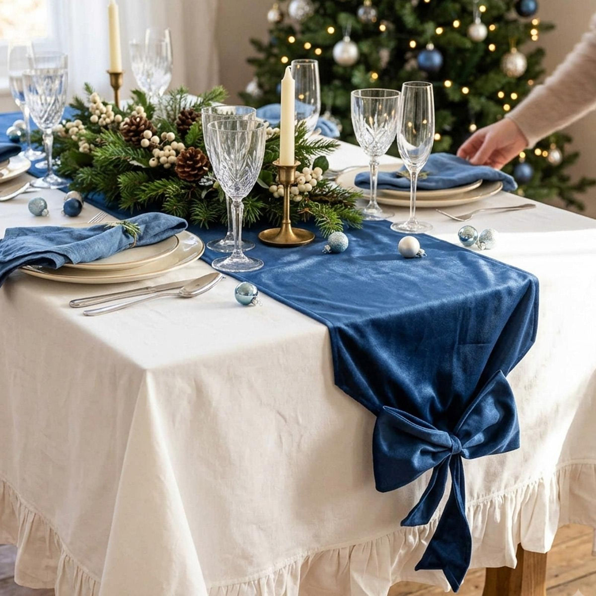Navy Blue Velvet Christmas Table Runner with Knotted Ends for Festive Dining 35 × 240 cm